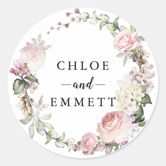 Rustieke Blush Roze Roze Krans Bruiloft gunst Ronde Sticker (Voorkant)