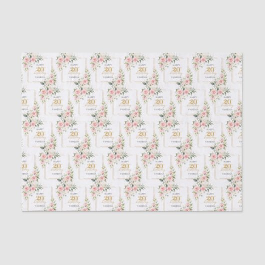 Rustieke blush roze rozen eucalyptus 20 verjaardag tissuepapier (Voorkant)