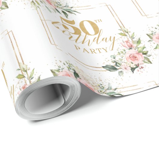 Rustieke blush roze rozen eucalyptus 50ste verjaar cadeaupapier (Rol Hoek)