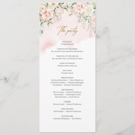 Rustieke blush roze rozen eucalyptus faux goud programmakaart (Achterkant)