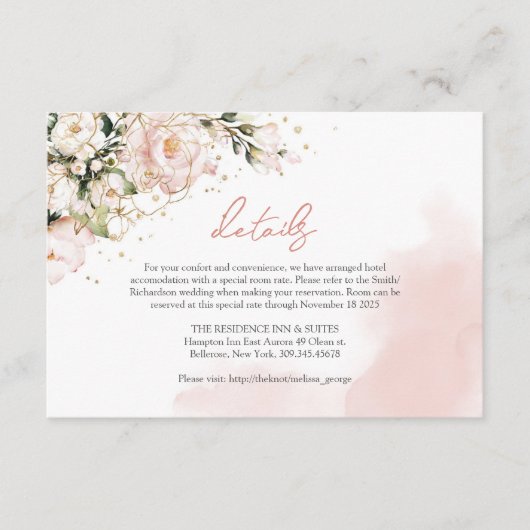 Rustieke blush roze rozen eucalyptus goud details informatiekaartje (Voorkant)
