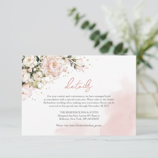 Rustieke blush roze rozen eucalyptus goud details informatiekaartje (Staand voorkant)
