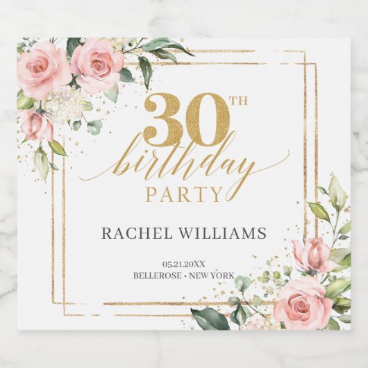 Rustieke blush roze rozen eucalyptus goud schitter likeurfles etiket (Enkel label)