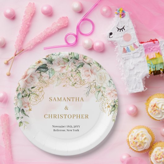 Rustieke blush roze rozen eucalyptus & gouden brui papieren bordje (Feest)