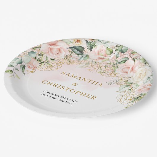 Rustieke blush roze rozen eucalyptus & gouden brui papieren bordje (Gekanteld)