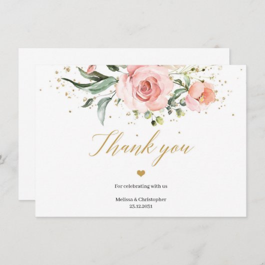 Rustieke blush roze rozen eucalyptus gouden bruilo bedankkaart (Voorkant / Achterkant)