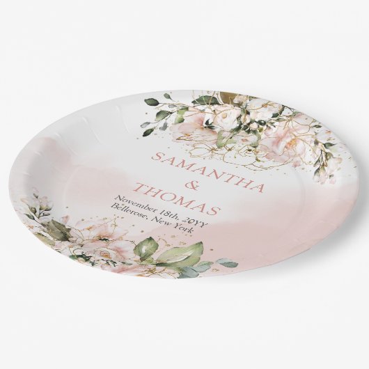 Rustieke blush roze rozen eucalyptus groen goud papieren bordje (Gekanteld)