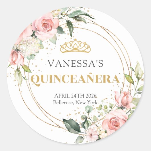 Rustieke blush roze rozen eucalyptus quinceañera ronde sticker (Voorkant)