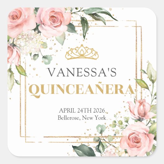 Rustieke blush roze rozen eucalyptus quinceañera vierkante sticker (Voorkant)