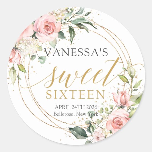 Rustieke blush roze rozen eucalyptus zoet zestien ronde sticker (Voorkant)