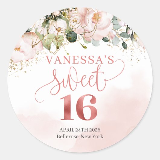 Rustieke blush roze rozen eucalyptus zoet zestien ronde sticker (Voorkant)