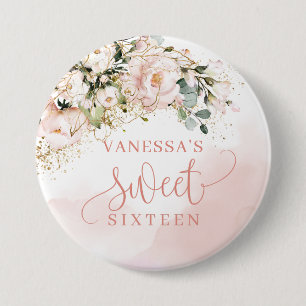 Rustieke blush roze rozen groen goud 16e B-dag Ronde Button 7,6 Cm