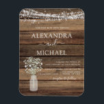 Rustieke boerderij baby's adem pot trouwfeest magneet<br><div class="desc">Rustieke boerderij snoer lichten en pot met baby's adem trouwkaarten op houten achtergrond - inclusief mooie en elegante script lettertypografie met moderne Country Farm House glans voor de speciale trouwdag viering.</div>