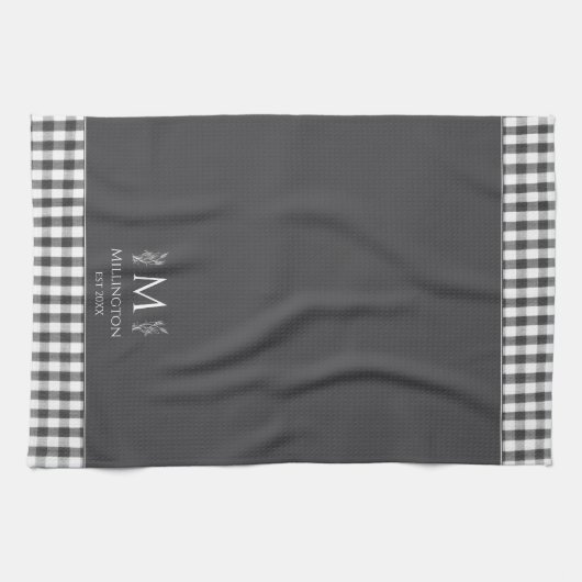 Rustieke Boerderij Custom Monogram Houtskool Grijs Theedoek (Horizontaal)