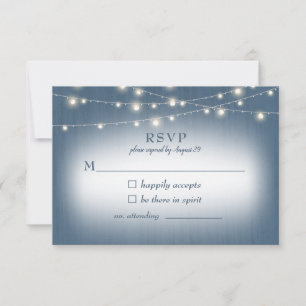 Rustieke boerderij Dusty Blue Lights bruiloft RSVP Kaartje