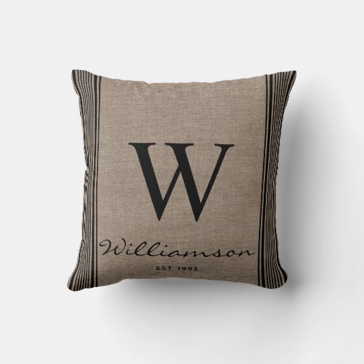 Rustieke boerderij gestreepte streep jute monogram kussen (Achterkant)