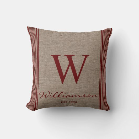 Rustieke boerderij getikte streep jute monogram kussen (Voorkant)
