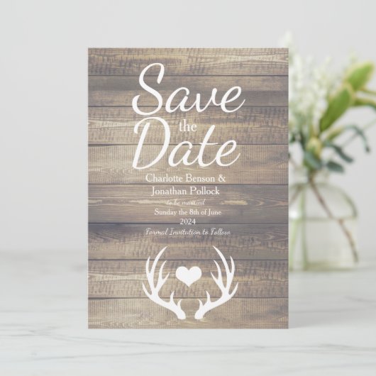Rustieke boerderij herten gewei bruiloft save the date (Staand voorkant)