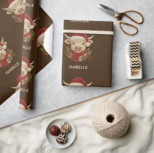 Rustieke boerderij Highland Koe met Santa Hat Cadeaupapier