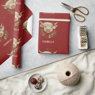 Rustieke boerderij Highland Koe met Santa Hat Cadeaupapier
