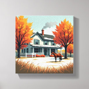 Rustieke boerderij & Horse Herfst Canvas Muurkunst Afdruk