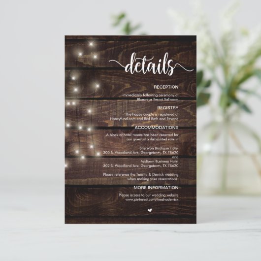 Rustieke boerderij hout, slingerlichtjes, trouwdet informatiekaartje (Staand voorkant)