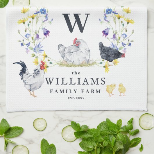 Rustieke boerderij kip | familienaam monogram  theedoek (Gevouwen)