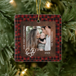 Rustieke boerderij lederen en geruite Kerstmis fam Keramisch Ornament