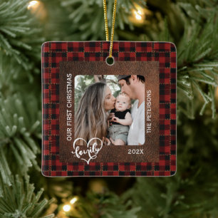 Rustieke boerderij lederen en geruite Kerstmis fam Keramisch Ornament
