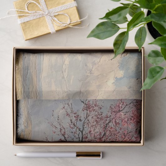 Rustieke boerderij met bloeiende boom decoupage tissuepapier (Geschenk)