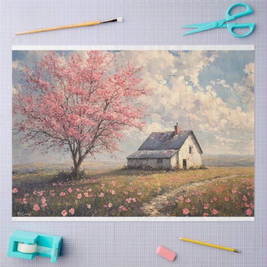 Rustieke boerderij met bloeiende boom decoupage tissuepapier (Craft)