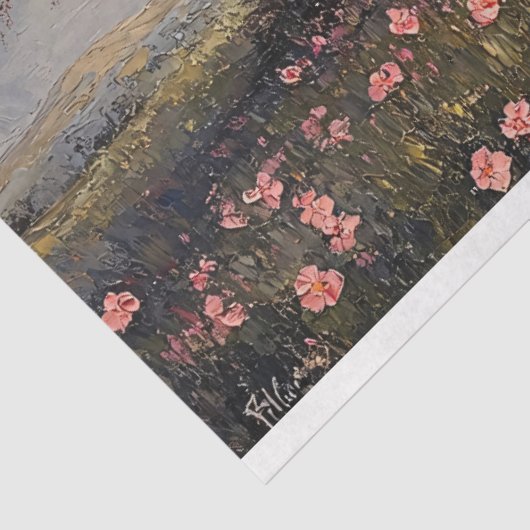 Rustieke boerderij met bloeiende boom decoupage tissuepapier (Detail)