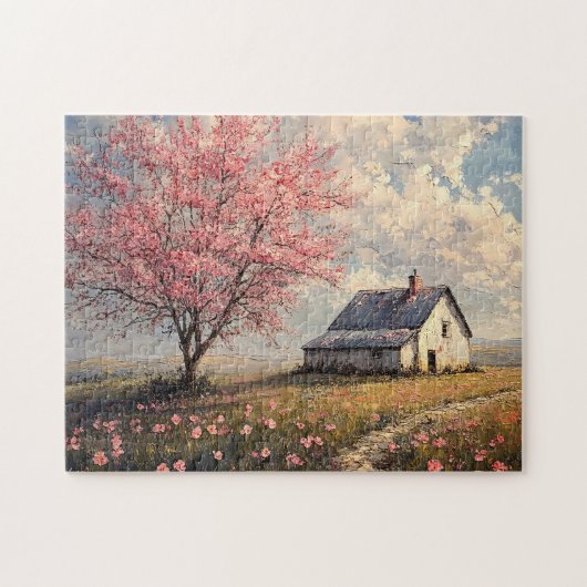 Rustieke boerderij met bloeiende boom legpuzzel (Horizontaal)
