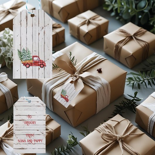 Rustieke boerderij noodlijdende hout rode vrachtwa cadeaulabel