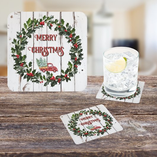 Rustieke boerderij noodlijdende hout rode vrachtwa kartonnen onderzetters