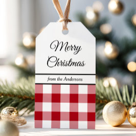 Rustieke boerderij rode geruite vrolijk kerstfeest cadeaulabel