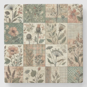 Rustieke boerderij Sage Green Patchwork Wildflower Stenen Onderzetter