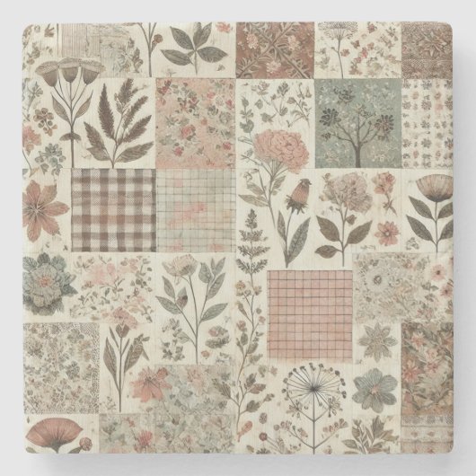Rustieke boerderij Sage Green Patchwork Wildflower Stenen Onderzetter (Voorkant)