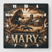 Rustieke Boerderij Scene Met Paard En Schuur Vierkante Klok (Voorkant)