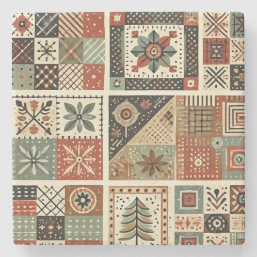 Rustieke Boerderij Terracotta Patchwork Quilt Bloe Stenen Onderzetter (Voorkant)
