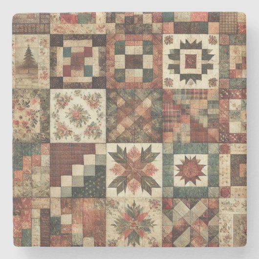 Rustieke Boerderij Terracotta Patchwork Quilt Bloe Stenen Onderzetter (Voorkant)