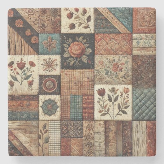 Rustieke Boerderij Terracotta Patchwork Quilt Bloe Stenen Onderzetter (Voorkant)