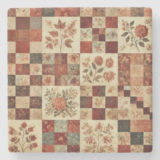 Rustieke Boerderij Terracotta Patchwork Quilt Bloe Stenen Onderzetter (Voorkant)