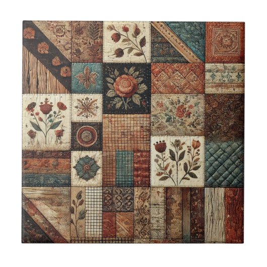 Rustieke Boerderij Terracotta Quilt Patchwork Bloe Tegeltje (Voorkant)