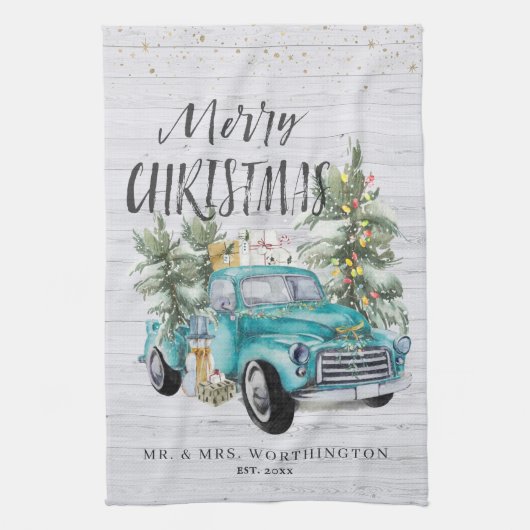 Rustieke boerderij vrachtwagen | Monogram Kerstthe Theedoek (Verticaal)