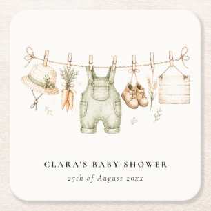 Rustieke boerderij waslijn aquarel baby shower kartonnen onderzetters