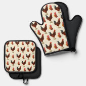 Rustieke boerderij Waterverf Rooster Chicken Ovenwant & Pannenlap Set (Voorkant / Achterkant)