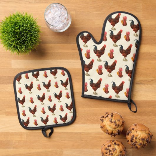Rustieke boerderij Waterverf Rooster Chicken Ovenwant & Pannenlap Set (Top down)