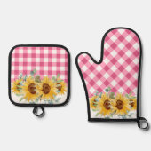 Rustieke boerderij Zonnebloemen Pink Gingham Ovenwant & Pannenlap Set (Voorkant)