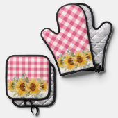 Rustieke boerderij Zonnebloemen Pink Gingham Ovenwant & Pannenlap Set (Voorkant / Achterkant)